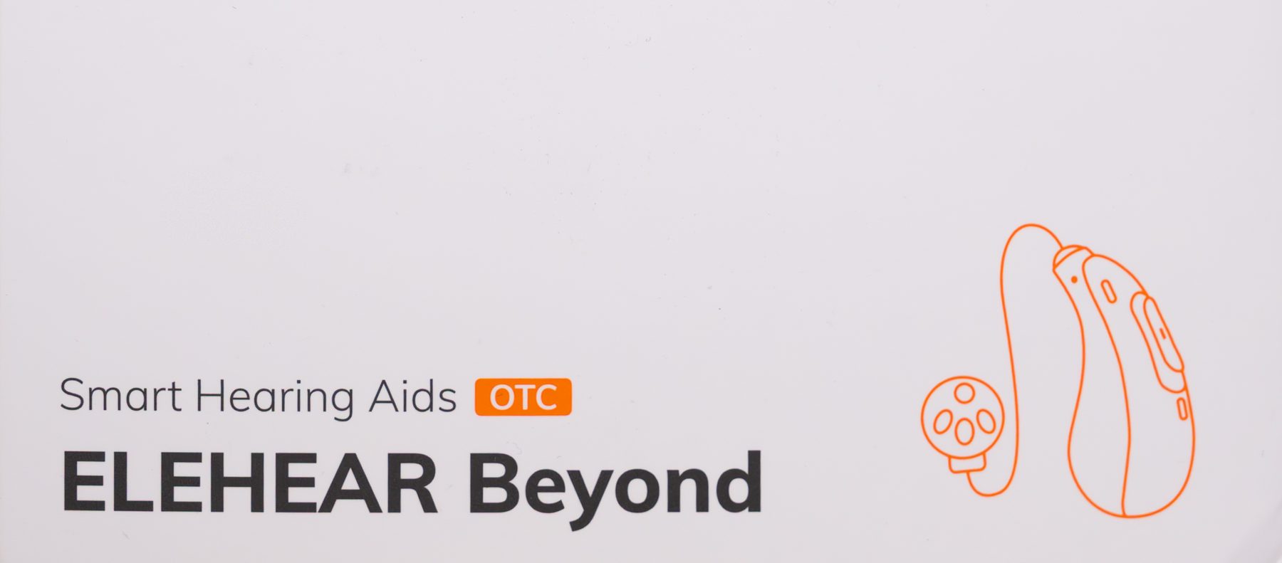 Product packaging displays "Smart Hearing Aids OTC ELEHEAR Beyond" with a simple line drawing of a hearing aid and earpiece in orange.