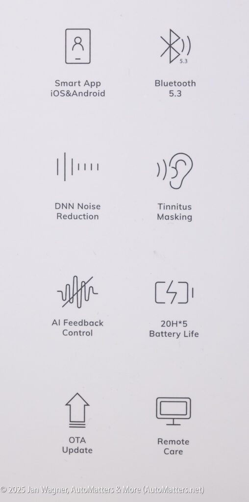 Icons and text describing features: Smart App iOS & Android, Bluetooth 5.3, DNN Noise Reduction, Tinnitus Masking, AI Feedback Control, 20H*5 Battery Life, OTA Update, Remote Care.