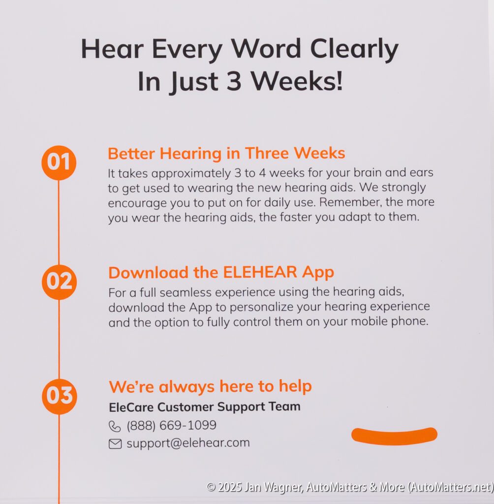 Instructional sign detailing steps for better hearing: wear device daily, download the ELEHEAR app, and contact customer support for assistance.