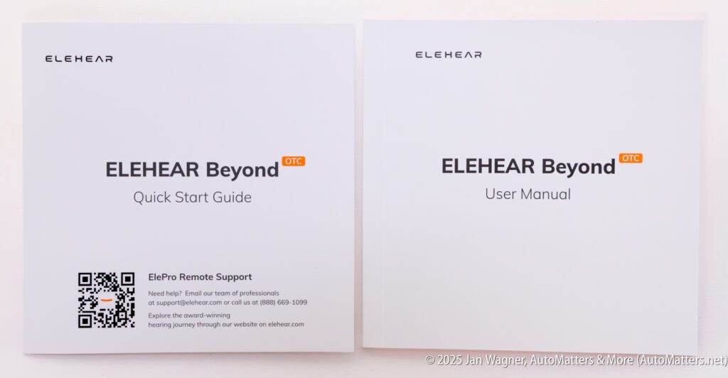 Two ELEHEAR Beyond OTC hearing aid booklets are shown side by side: a Quick Start Guide on the left and a User Manual on the right.