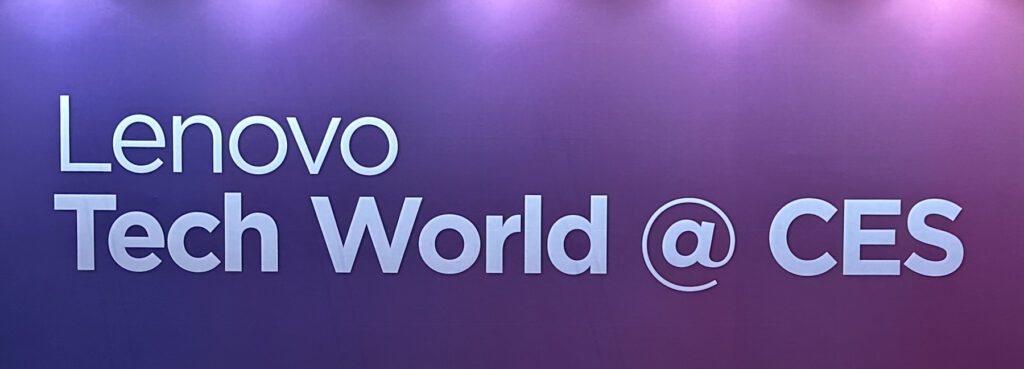White text on a purple gradient background reads "Lenovo Tech World @ CES.