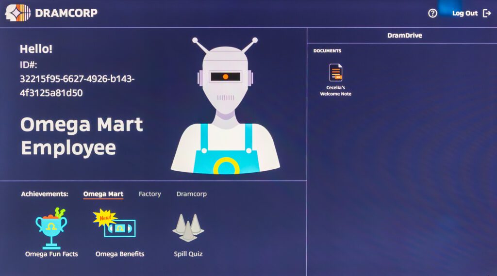 A computer screen displays an Omega Mart Employee profile with a robot avatar, employee ID, achievements, documents, and navigation links on a blue interface.