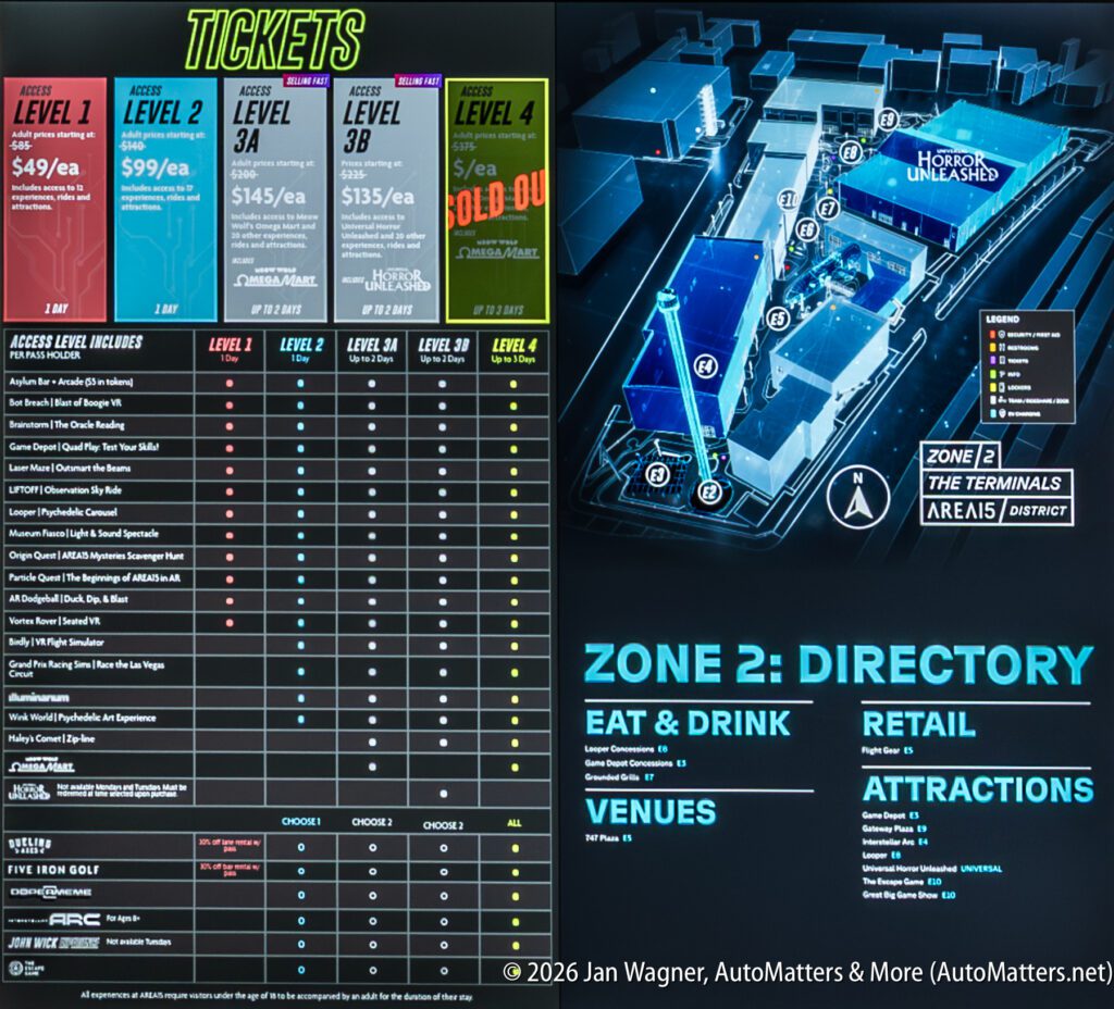 Side-by-side display of ticket pricing and access levels on the left, and a Zone 2 directory map with labeled venues and attractions on the right.
