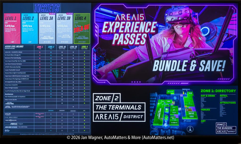 Ticket pricing chart and options for AREA15 attractions on the left, advertisement for experience pass bundles in the center, and a color-coded venue map on the right.