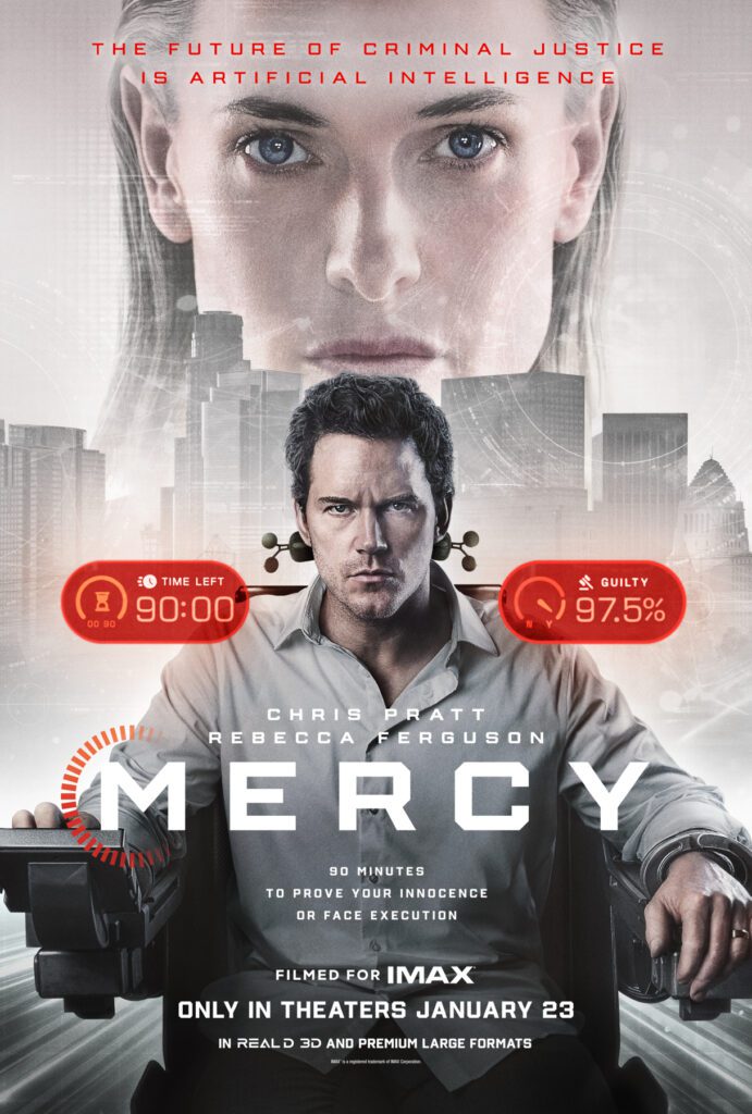 Movie poster for "Mercy" showing a man strapped to a chair with digital graphics displaying a countdown and a guilt percentage, with a woman's face above him and a cityscape in the background.