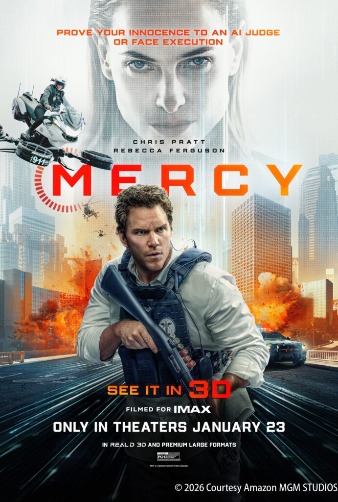 Movie poster for "Mercy" featuring a tense-looking man holding a rifle in front of city explosions, with a futuristic woman's face and drones above him. The release date is January 23.