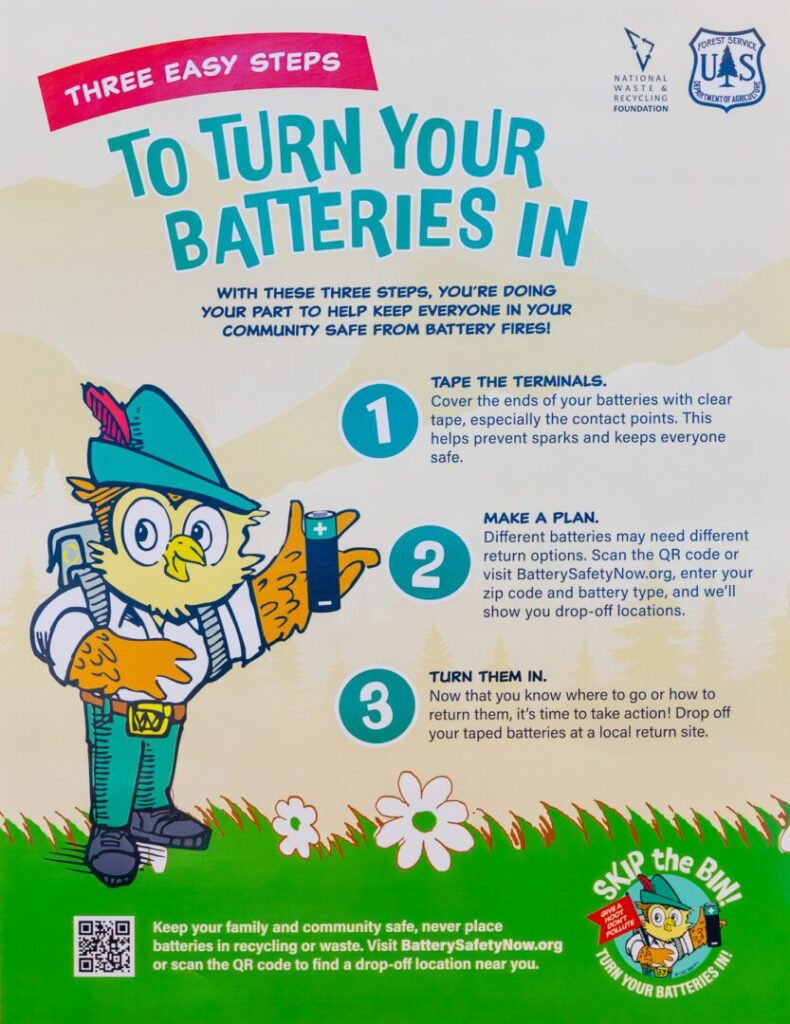 Instructional poster showing a cartoon owl with steps to safely turn in used batteries, including taping terminals, finding drop-off locations, and taking batteries to a local recycler.
