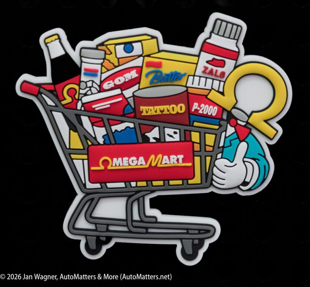 Illustration of a shopping cart filled with assorted grocery items and car care products, labeled "MEGA MART," with a thumbs-up hand on the side.