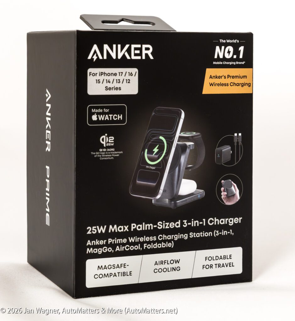 Black retail box for the Anker Prime 25W Max Palm-Sized 3-in-1 Wireless Charging Station, showing compatibility with iPhone, Apple Watch, and MagSafe accessories.