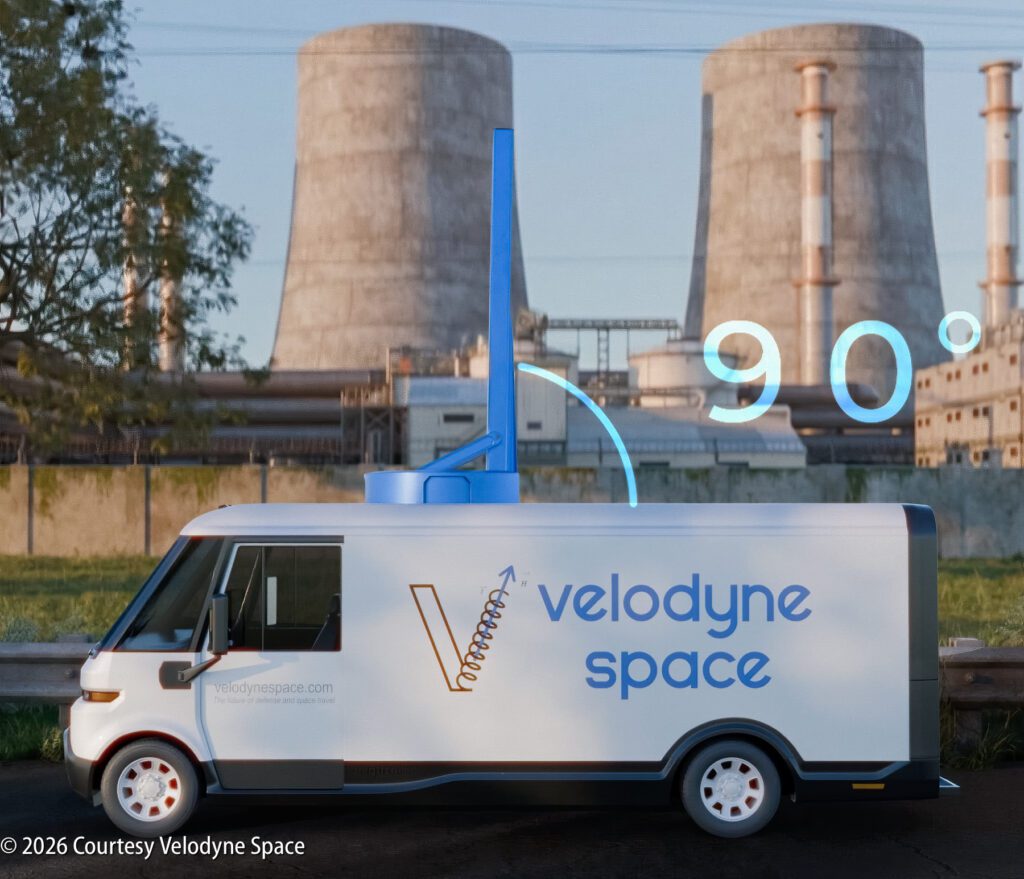 A white Velodyne Space van with a blue sensor extended vertically on its roof is parked in front of cooling towers at an industrial site. Blue text indicates a 90-degree angle.
