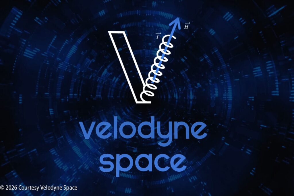 Velodyne Space logo with a white scientific vector diagram above the company name, set against a blue digital vortex background.