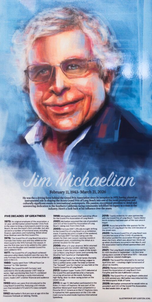 Illustrated portrait of Jim Michaelian above a timeline of his career achievements from 1975 to 2026, with text highlighting major milestones in motorsports.