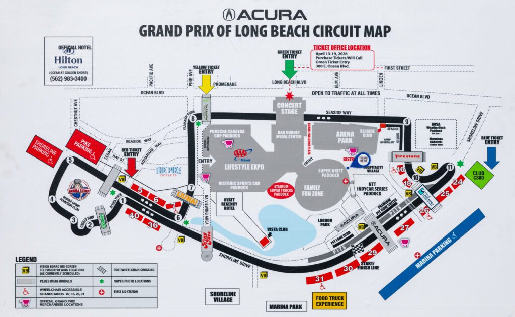 Map of the Acura Grand Prix of Long Beach circuit, showing the race track layout, entrances, key locations, and event amenities.