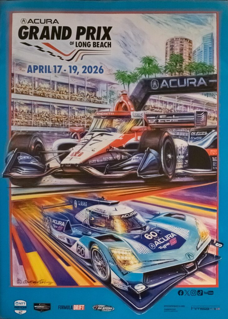 Illustrated poster for the Acura Grand Prix of Long Beach 2026, featuring two racing cars on a city street circuit with event dates April 17–19, 2026.