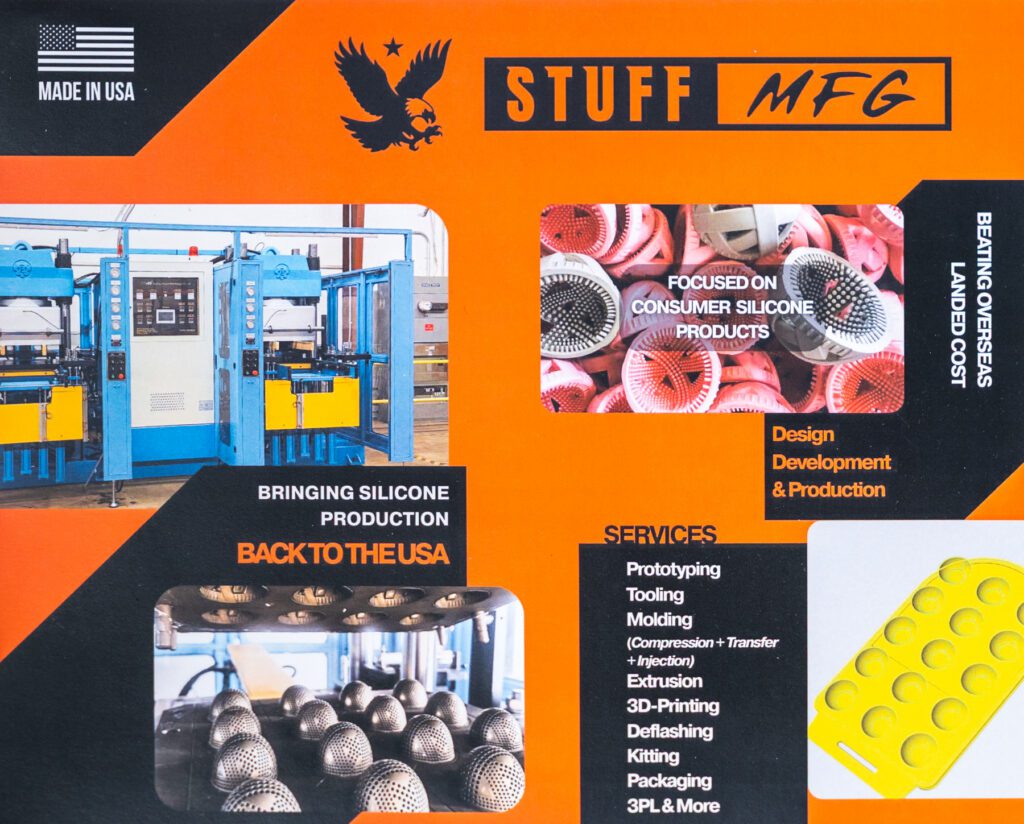 Promotional display for a manufacturing company specializing in silicone products, highlighting production services, USA-based manufacturing, and images of molded silicone items and machinery.