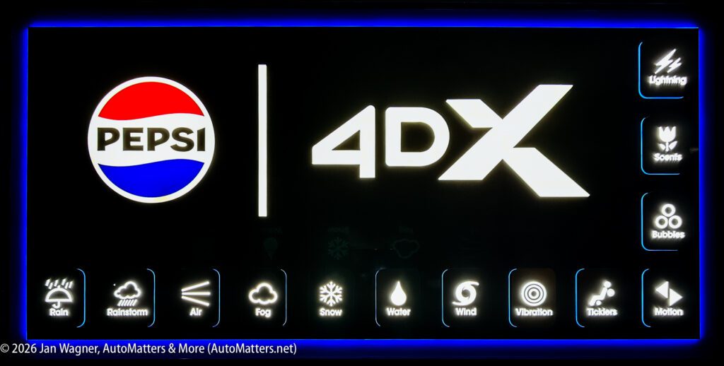 Pepsi and 4DX logos on a panel with illuminated icons for effects like rain, wind, fog, snow, lightning, bubbles, scents, vibration, and motion.