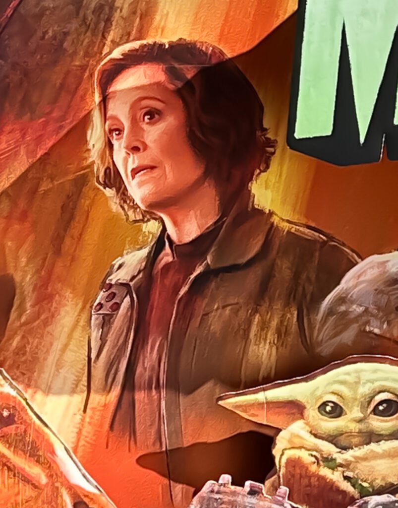 A woman with short brown hair wearing a dark jacket stands next to a small green alien creature with large ears, against an orange and brown background.