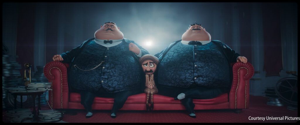Three animated characters sit on a red couch, with two large men in blue suits on either side of a smaller, worried-looking man in the middle.