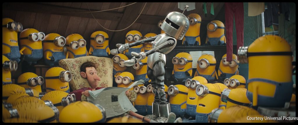 A person relaxes in bed reading a newspaper, surrounded by numerous Minions and a robot in an attic-like room.