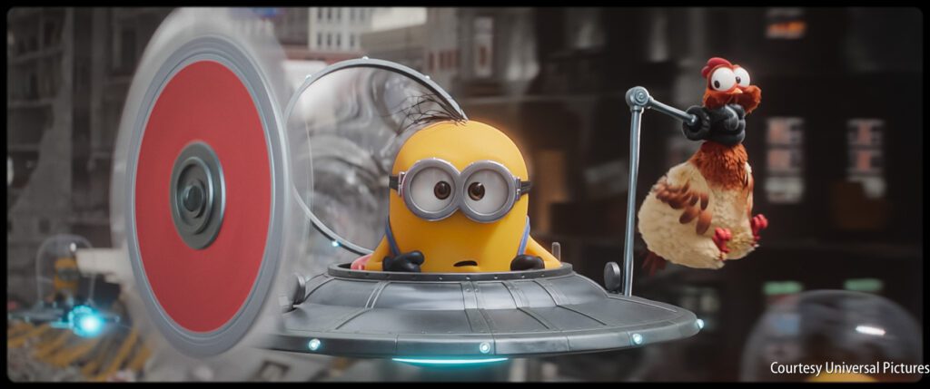 A yellow animated character in a flying saucer is surprised while a chicken rides a tortilla on a stick beside it.