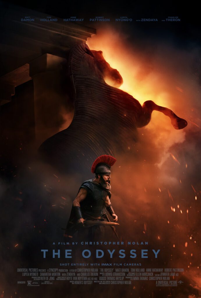 A soldier in ancient armor stands before a large wooden horse surrounded by flames and smoke, with the title "The Odyssey" and film credits below.