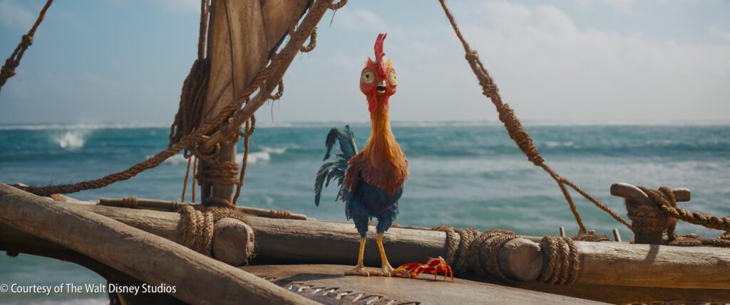 A cartoon rooster with colorful feathers stands on the wooden deck of a raft at sea under a bright sky.