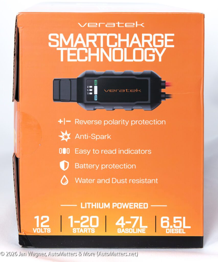 Box for a Veratek SmartCharge Technology device, listing features like reverse polarity protection, anti-spark, indicators, battery protection, water resistance, and engine compatibility.