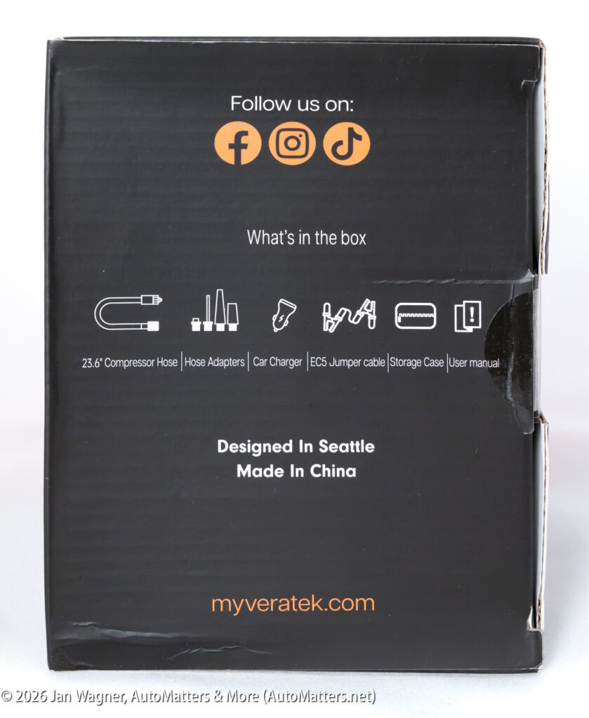 Black box side panel listing included items: compressor hose, adapters, car charger, jumper cable, storage case, user manual. Social media icons and website address also displayed.