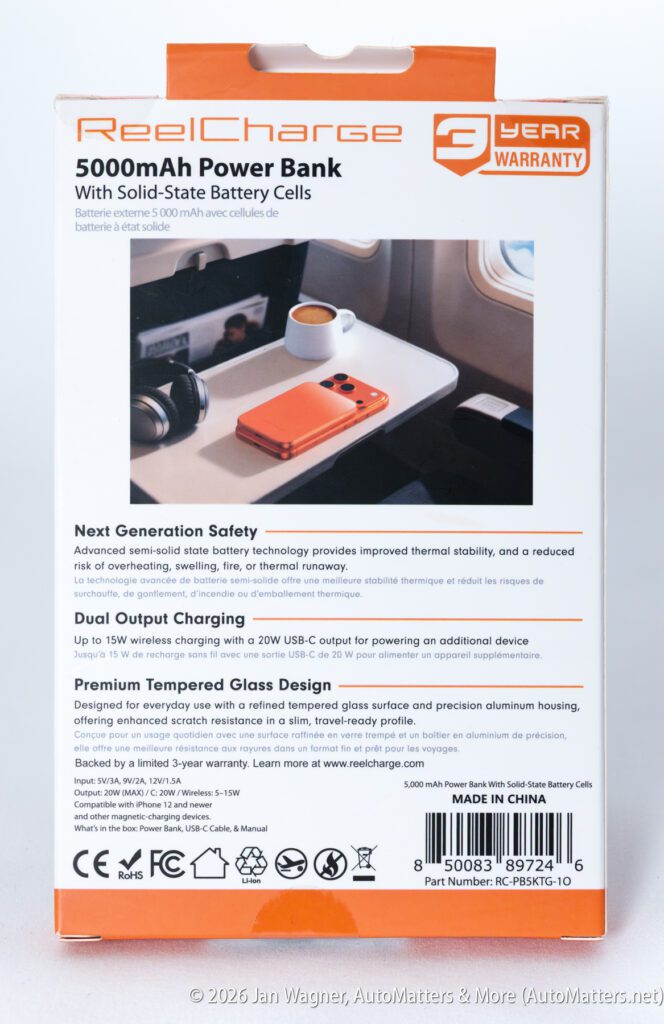 Box for a 5000mAh solid-state power bank, highlighting features like next generation safety, dual USB-C output, premium design, and a 3-year warranty. Made in China.