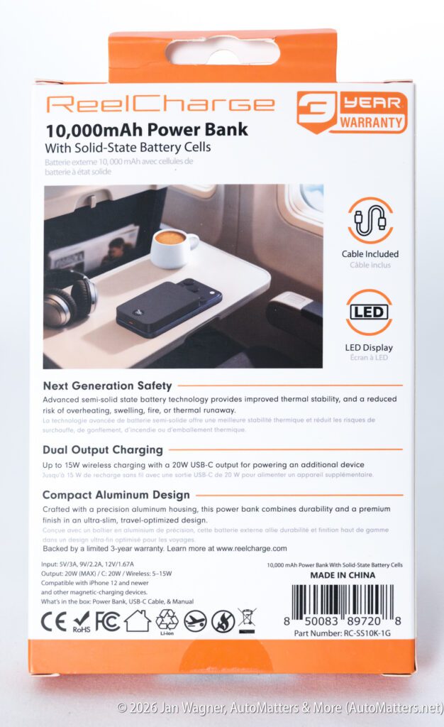 Orange and white packaging for a 10,000mAh power bank, showing product image, features like dual output charging, LED display, and warranty details, with barcode and specifications at the bottom.