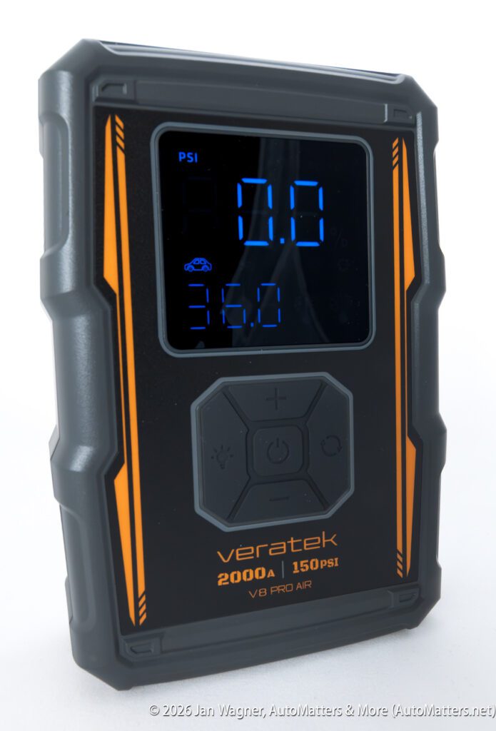 Rectangular digital air compressor with a blue LED display showing 0.8 PSI and 36.0, labeled “veratek 2000A | 150PSI,” featuring control buttons on the front panel.
