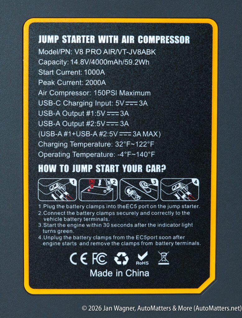 Jump starter with air compressor label showing specs, operating instructions, and how to jump start a car, with icons and safety certifications.