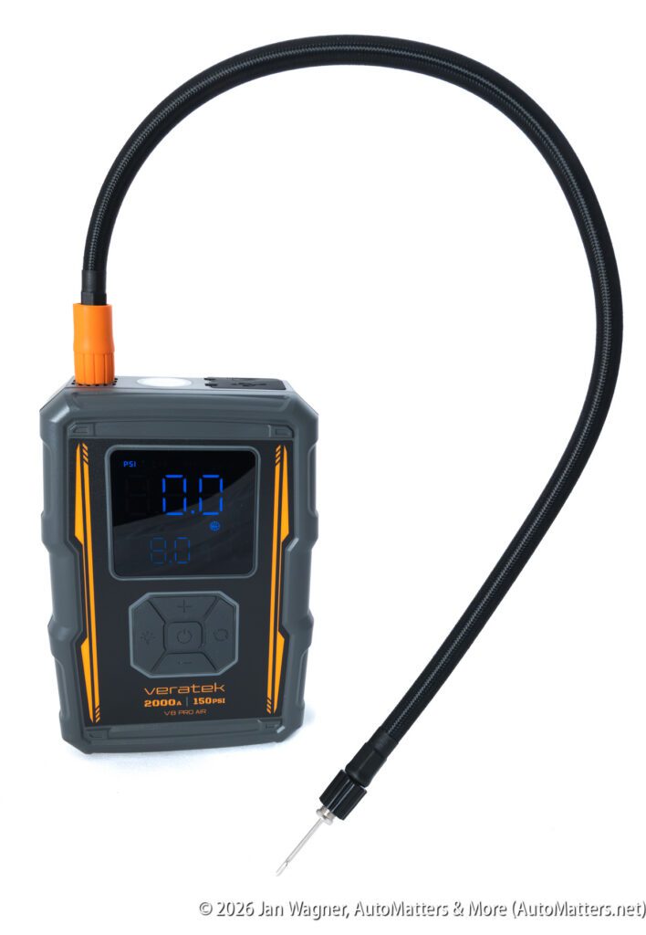 Portable digital tire inflator with a flexible hose, LED display showing pressure, and control buttons on the front.