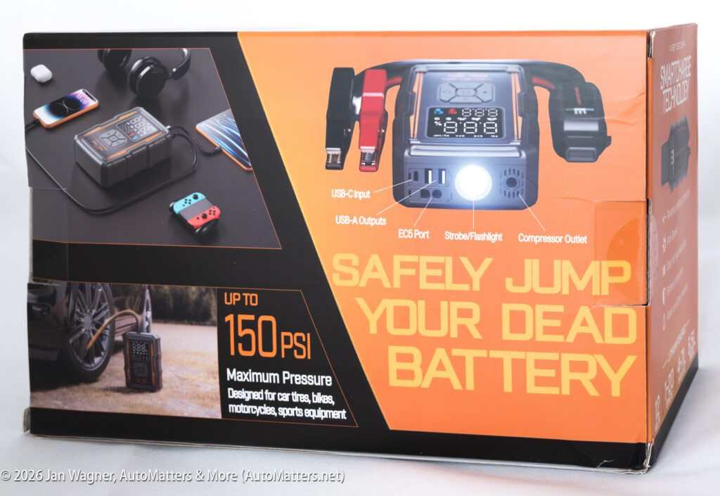 Box for a portable jump starter showing device features, including USB ports, flashlight, air compressor up to 150 PSI, and usage for cars, bikes, motorcycles, and sports equipment.