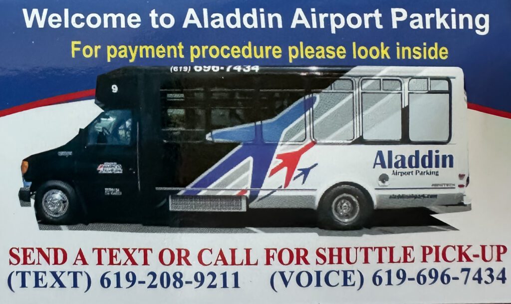 A black and white Aladdin Airport Parking shuttle bus is shown, with service and contact details for shuttle pick-up listed below.