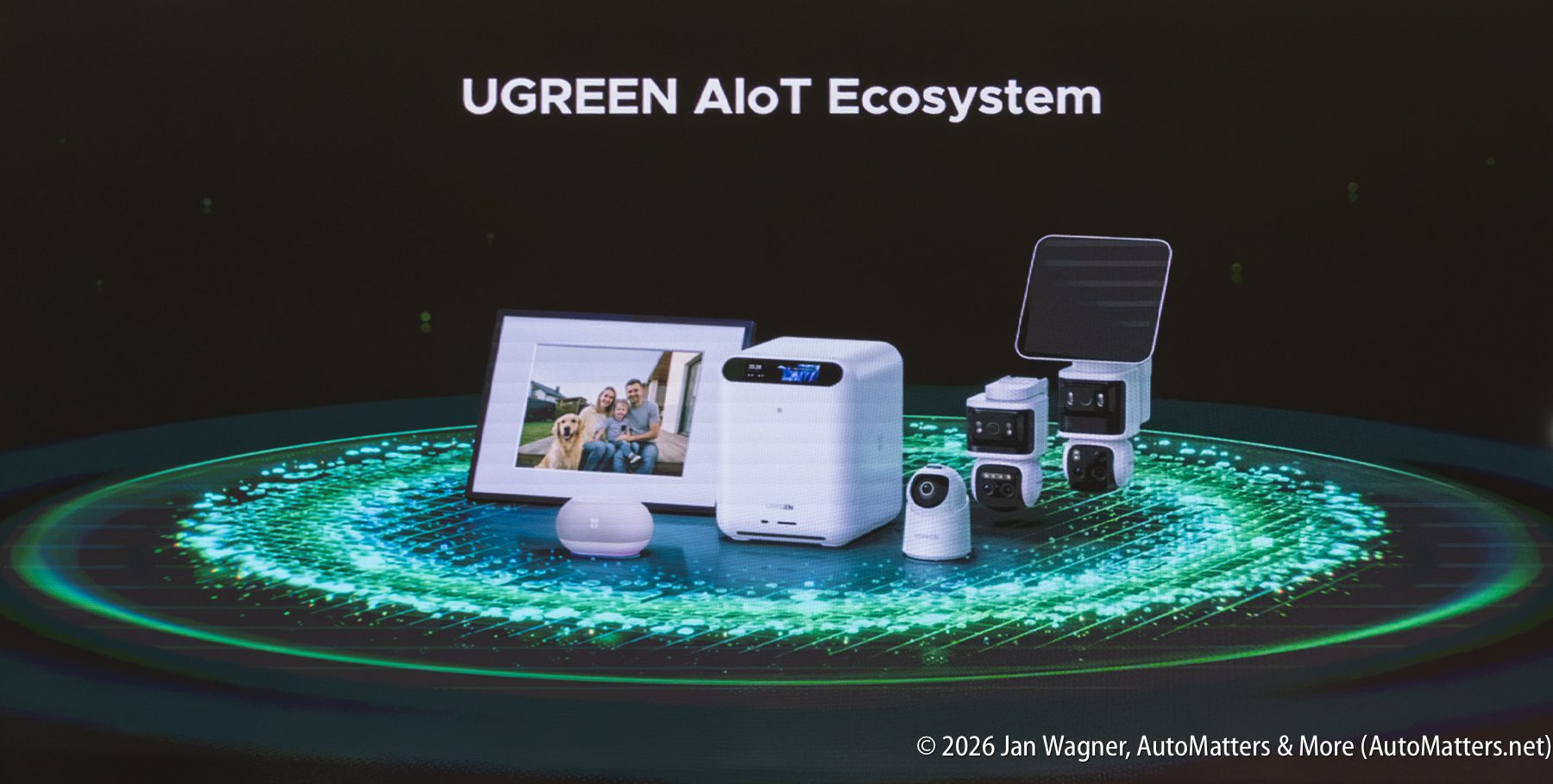A display shows various UGREEN smart home devices, including a photo frame, clock, camera, plugs, and sensors under the text “UGREEN AIoT Ecosystem.”.