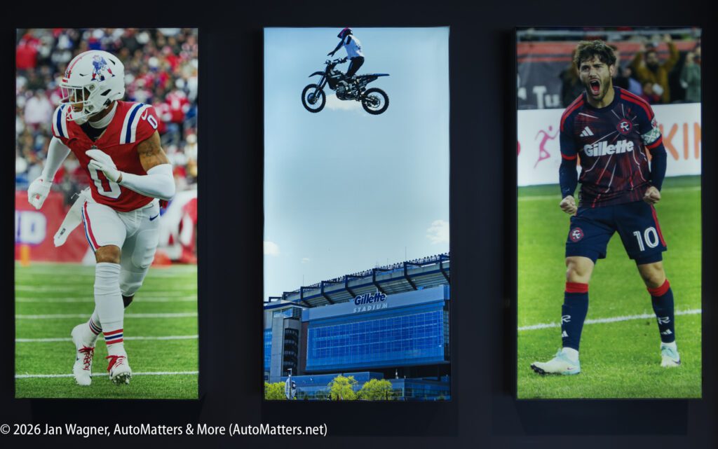 Three vertical panels show: a football player in action, a motocross rider mid-jump, and a soccer player celebrating. An image of Gillette Stadium appears beneath the motocross rider.