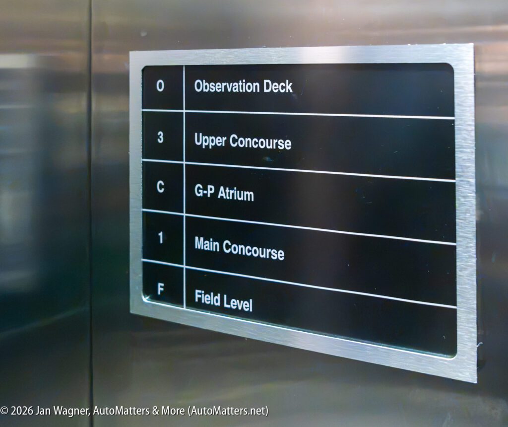 Elevator button panel with labels for Observation Deck, Upper Concourse, G-P Atrium, Main Concourse, and Field Level.