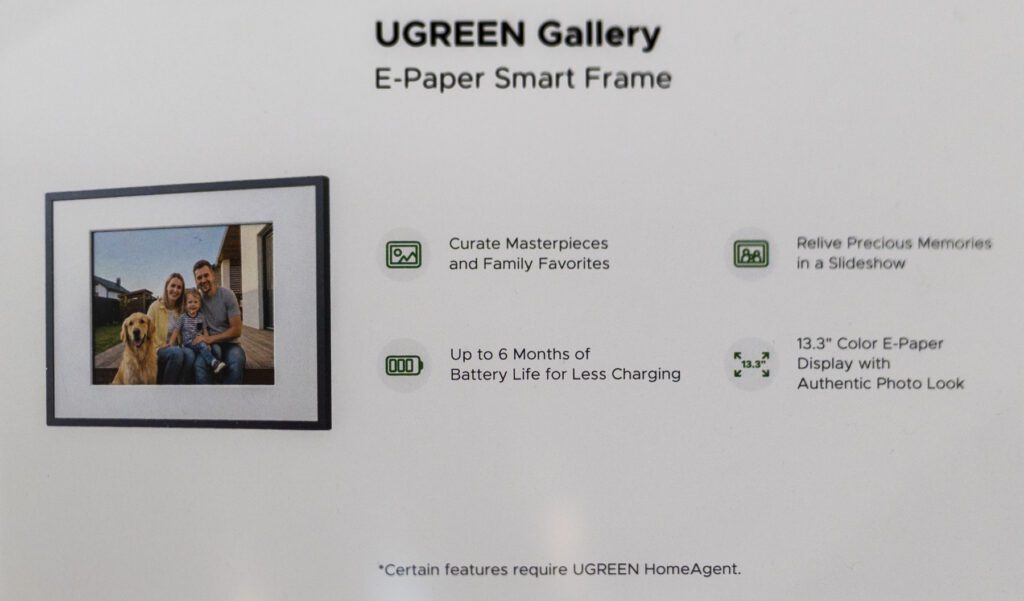 A promotional image for the UGREEN Gallery E-Paper Smart Frame lists features such as long battery life, slideshow mode, and a 13.3″ color e-paper display.