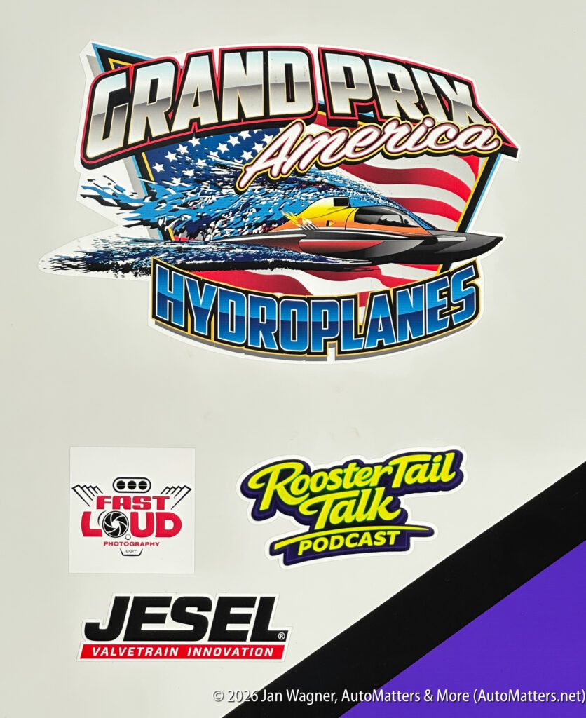 Sticker collection featuring the Grand Prix America Hydroplanes logo, Fast Loud Photography, Rooster Tail Talk Podcast, and Jesel Valvetrain Innovation logos.