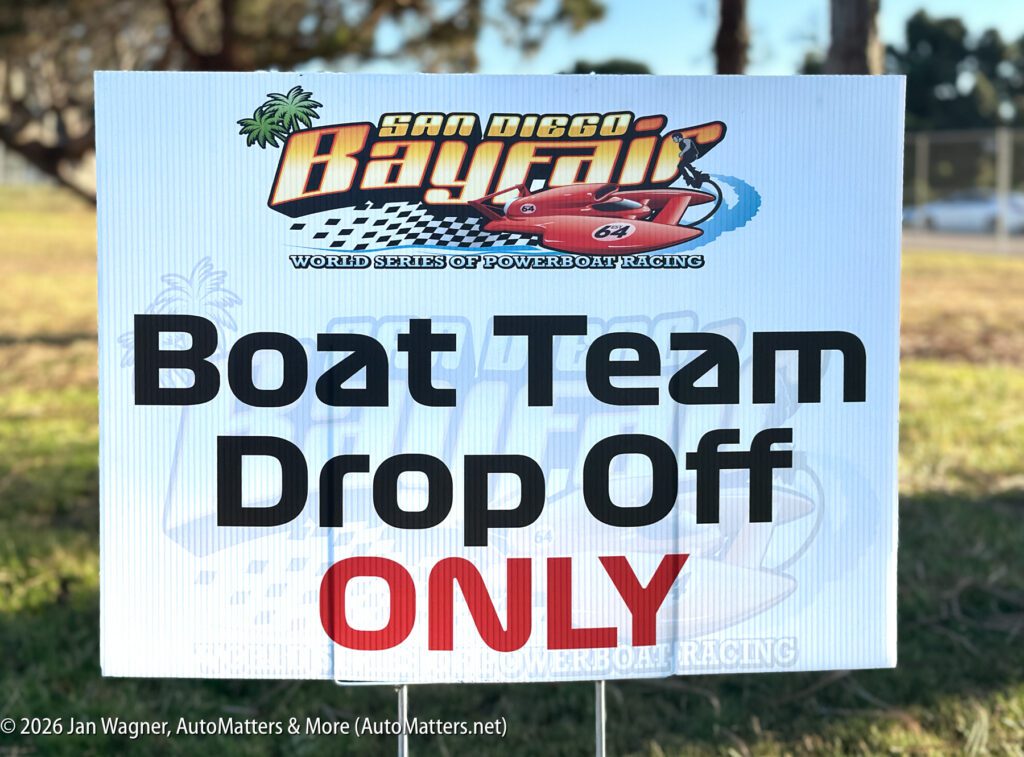 A sign that reads “San Diego Bayfair World Series of Powerboat Racing” above the text “Boat Team Drop Off ONLY.”.