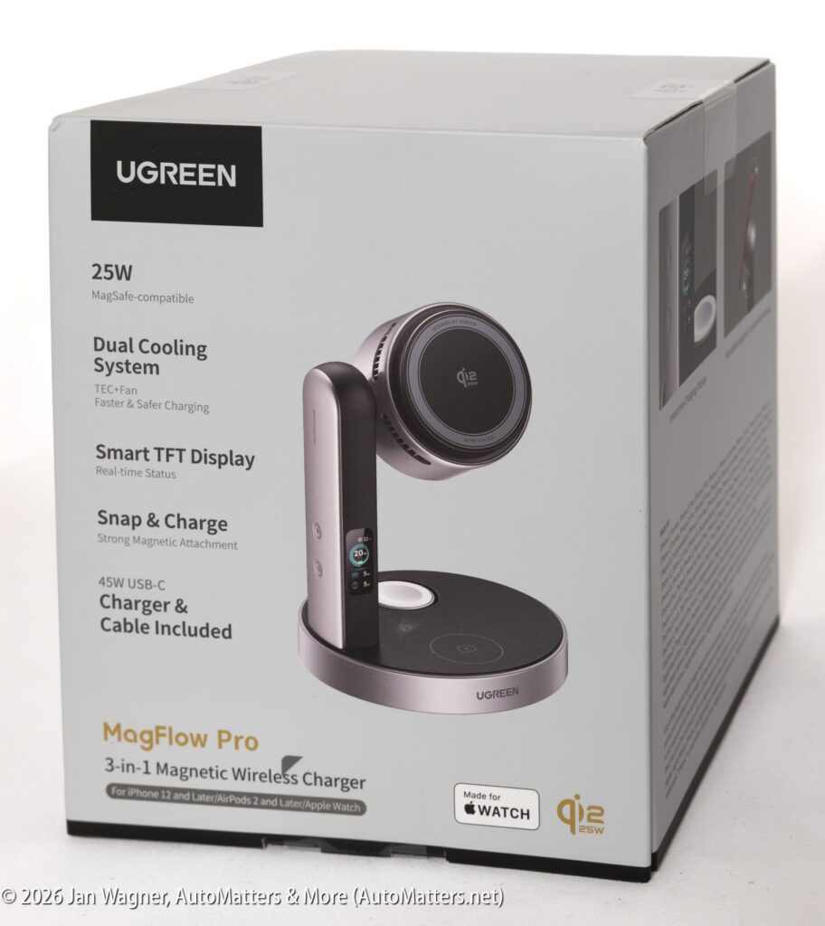 Box for UGREEN MagFlow Pro 3-in-1 Magnetic Wireless Charger, showing product image and listing features like 25W charging, cooling system, smart display, and compatibility details.