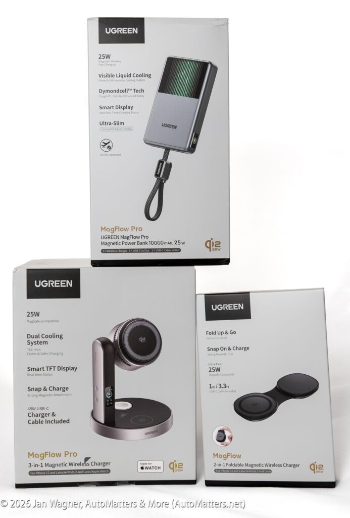 Three UGREEN MogFlow Pro wireless chargers in packaging are displayed: a visible liquid cooling charger, a dual cooling system charger stand, and a foldable magnetic wireless charger.