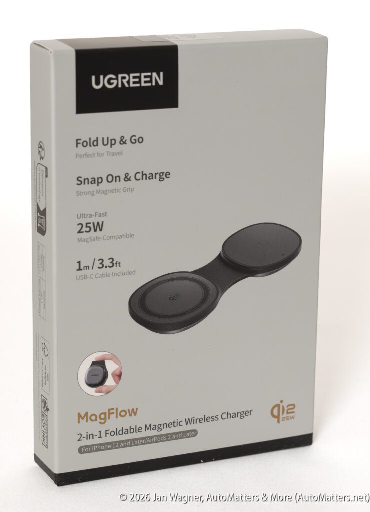 Box for UGREEN MagFlow 2-in-1 Foldable Magnetic Wireless Charger, showing product image and key features like 25W output, MagSafe compatibility, and 1m cable.