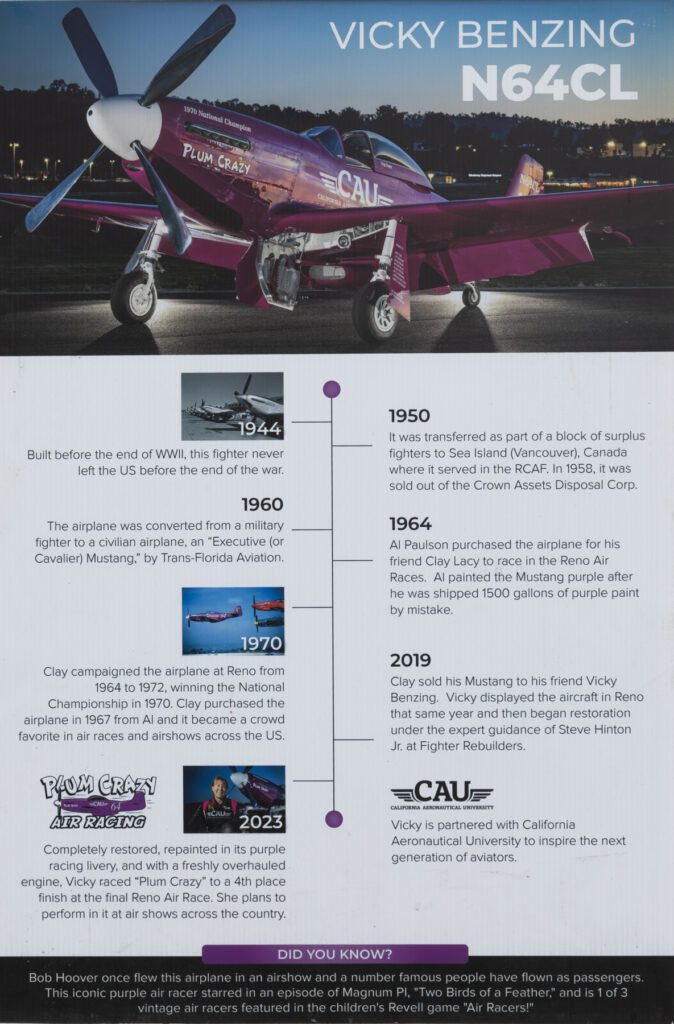 Infographic about the history of the “Plum Crazy” P-51 Mustang, featuring a large photo of the purple aircraft and a timeline documenting its ownership and restoration from 1944 to 2023.