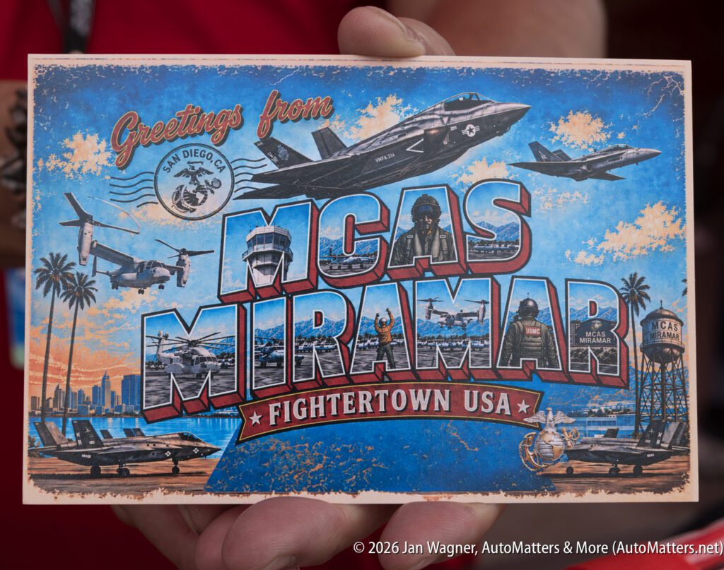 Postcard featuring the text “Greetings from MCAS Miramar Fightertown USA” with collaged images of military aircraft, an air traffic control tower, palm trees, and the city skyline.