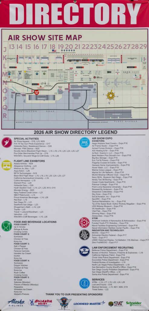 Air show site map and directory for the 2026 event, listing locations for exhibits, food, services, and activities.