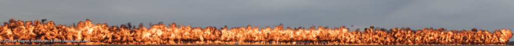 A long, continuous wall of fire against a grey sky.