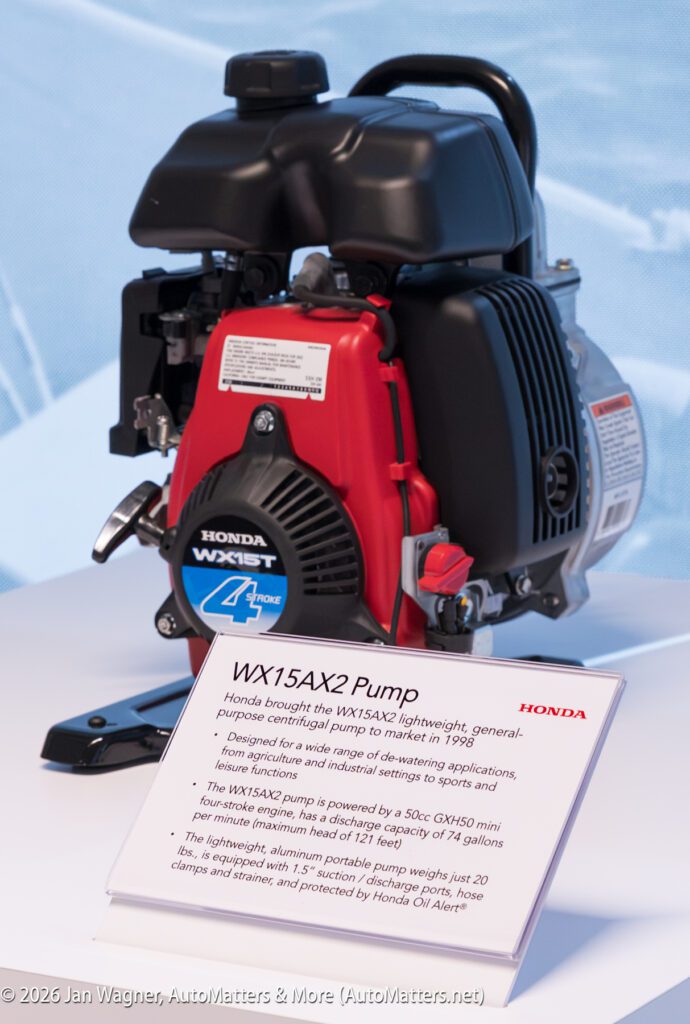 Honda WX15AX2 portable pump displayed with an informational sign detailing its specifications and applications.