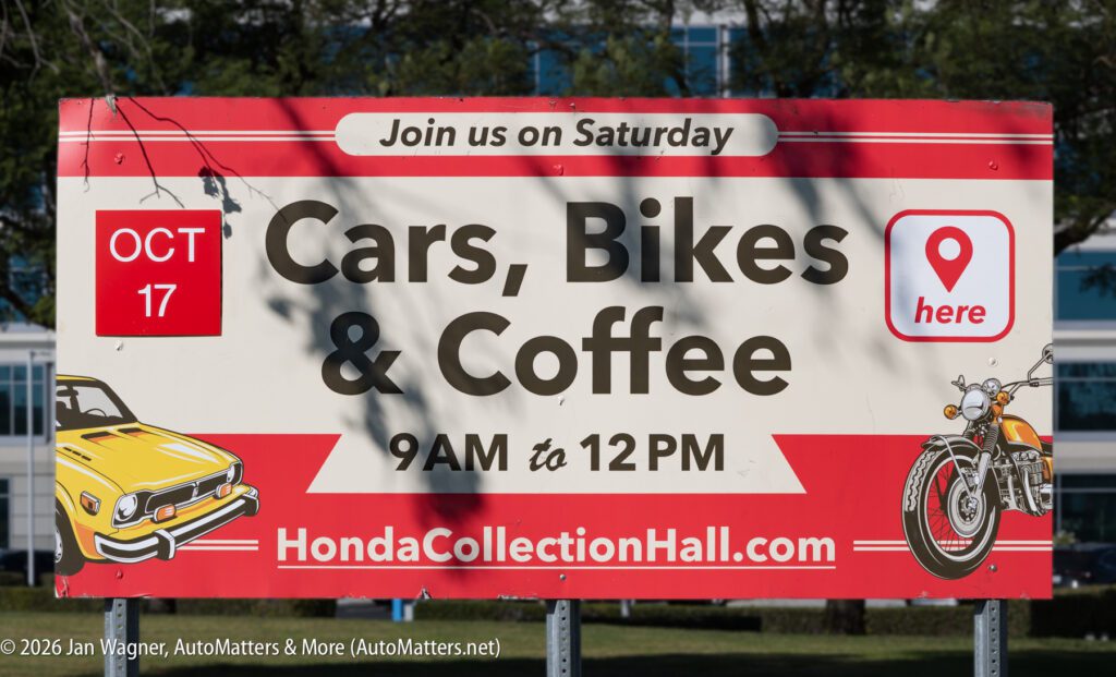 Sign for a “Cars, Bikes & Coffee” event on October 17 from 9 AM to 12 PM at HondaCollectionHall.com.